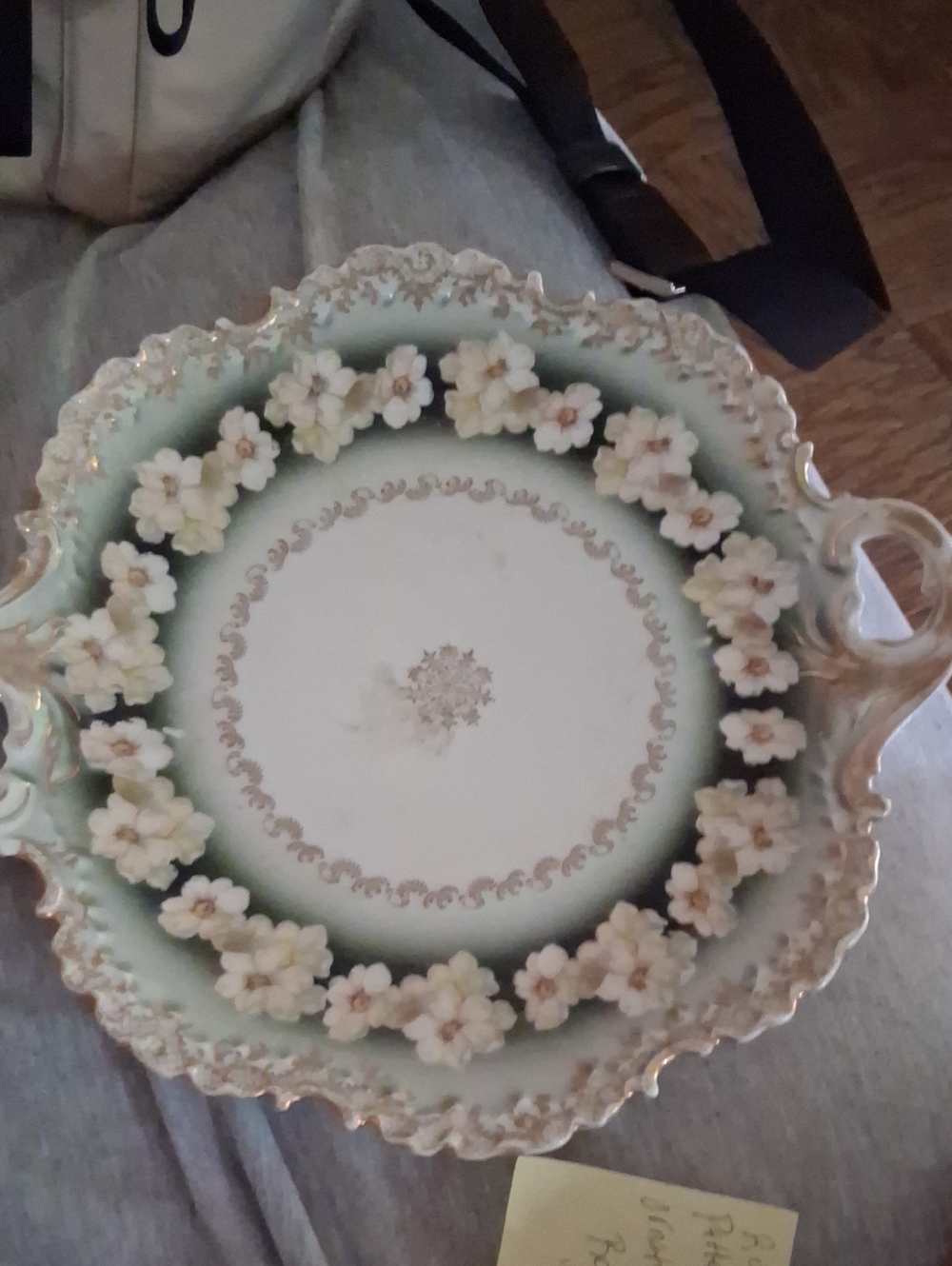 Vintage Floral Porcelain Serving Platter in Mint Green and White